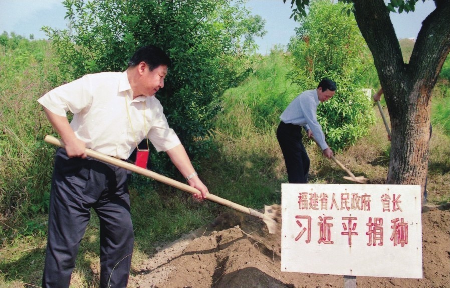 2001年10月，習(xí)近平在龍巖市長汀縣調(diào)研水土流失治理工作，在河田世紀(jì)生態(tài)園為樹培土。圖源：《習(xí)近平在福建（下）》