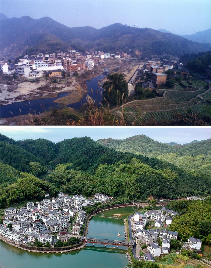 圖為浙江省杭州市淳安縣楓樹嶺鎮(zhèn)下姜村拼版圖，其中上圖為資料照片、下圖由新華社記者張鋮攝。